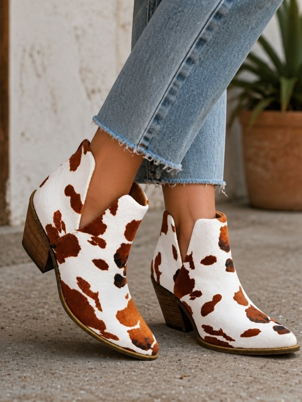 The Barn Babe Cow Print  Western Ankle Boots   Pointed Toe Block Heel Size 7